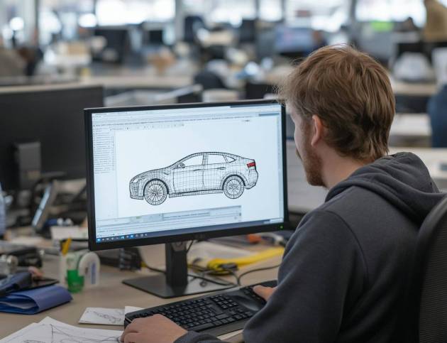 Office Worker Designing Car Wireframe Office Worker Designing Car Wireframe
